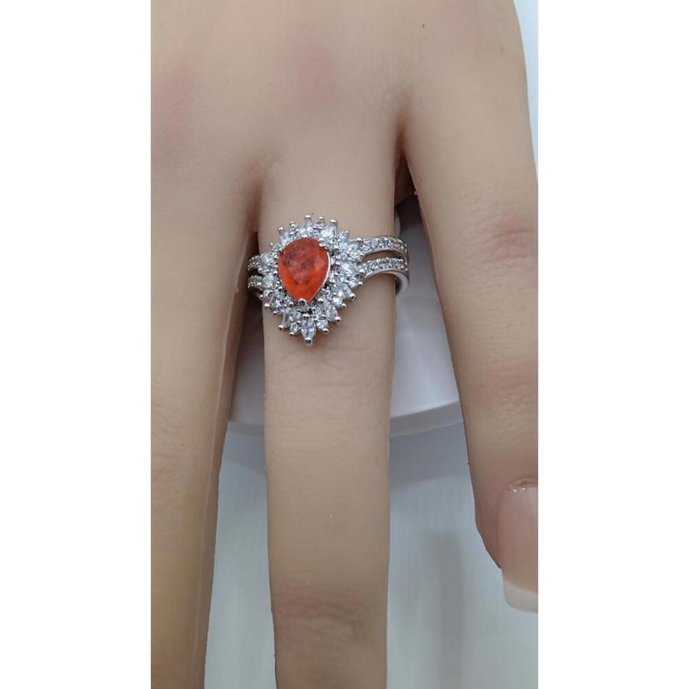 Silver Ring with Orange Gemstone and Clear Accent Stones, Size 8 - Picture 9 of 9